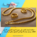 💰 ارتفاع أسعار الذهب في سوريا اليوم الخميس 8 مايو 2025.. وسعر غرام 21 يواصل الصعود بالليرة والدولار