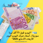 💶📉 "اليورو فوق 11 ألف ليرة سورية!.. أسعار صرف اليورو اليوم الأربعاء 21 مايو 2025"